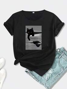 Women's Cotton Crew Neck Casual T-Shirt - A Plus-Size Casual T-Shirt With A Crew Neck And A Print Of A Trapped Black Cat - Short-Sleeved Polyester Knit Top For Women, Suitable For All Seasons, With Medium Stretch. Simple T-Shirt For Everyday Wear. - 黑色 - 查看 1