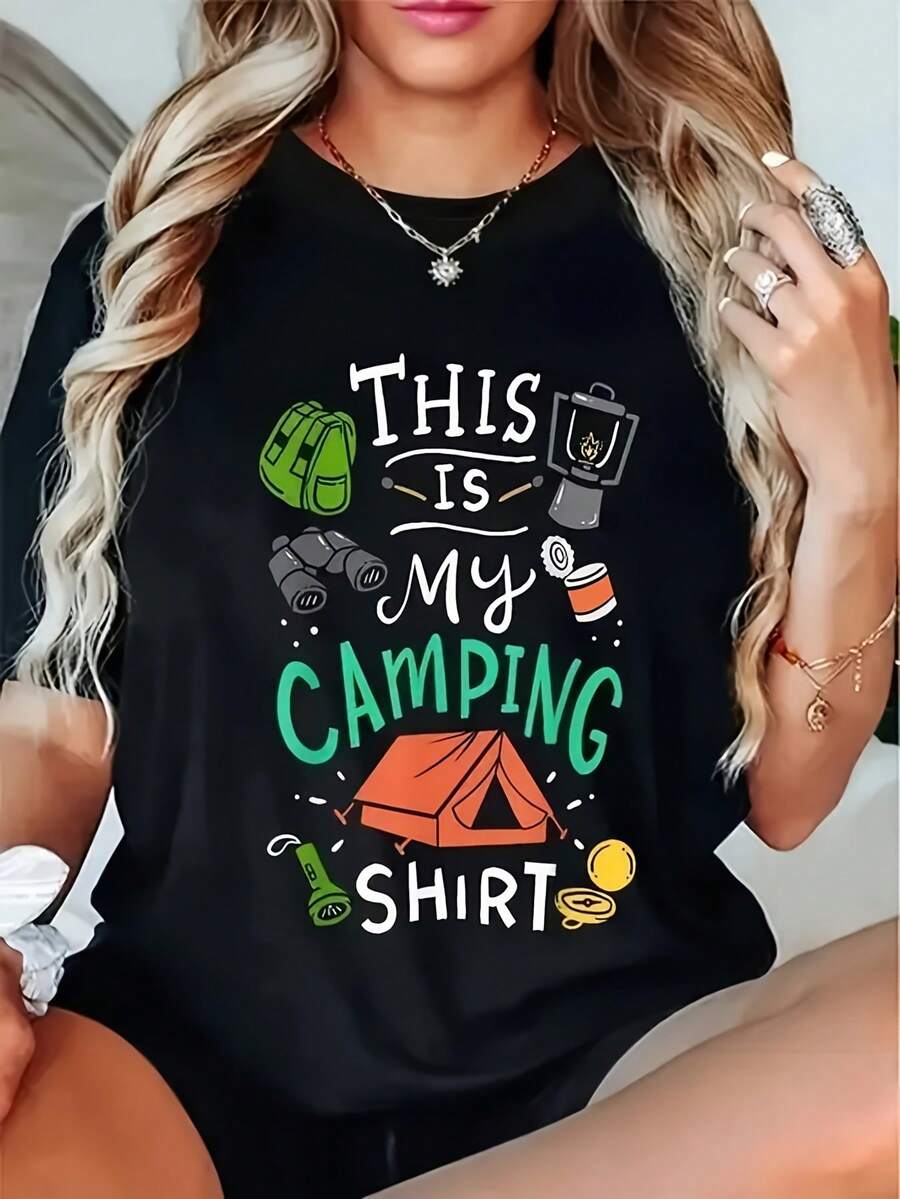 Women's Casual Top. Plus Size Women's Short-Sleeve T-Shirt With Camping Print - Tent And Campfire Design, Crew Neck, Breathable All-Season Activewear, Adventure Gear, Fun Design, Comfortable Style. A Must-Have For Everyday Casual Wear. - 黑色 - 查看 1