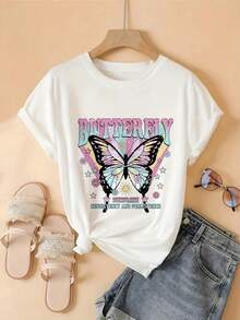 Women's Plus-Size Printed Short-Sleeve Crew Neck T-Shirt, Breathable And Perfect For Summer. This Casual, Butterfly-Print T-Shirt Is Ideal For Spring, Summer, And Fall. Suitable For Year-Round Wear, It's Simple, Makes A Great Gift, And Is Perfect For Everyday Wear, Especially During The Cool Summer Months. - 白色的 - 查看 3