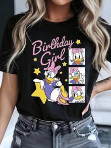 Women's Casual Cotton T-Shirt With Daisy And "Birthday Girl" Print, Short Sleeves, Round Neck, Regular Fit For Everyday Wear, Men's Sizes Suitable For The Whole Family. - 黑色 - 查看 1