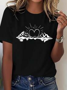 A Healing Natural Affection, A Comforting Sun, Romance Amidst Mountains And Rivers. Mountain And River Patterns Outlined In Lines. Women's Casual Fashion T-Shirt, Crew Neck, Oversized, For Spring-Summer. - Black - View 1