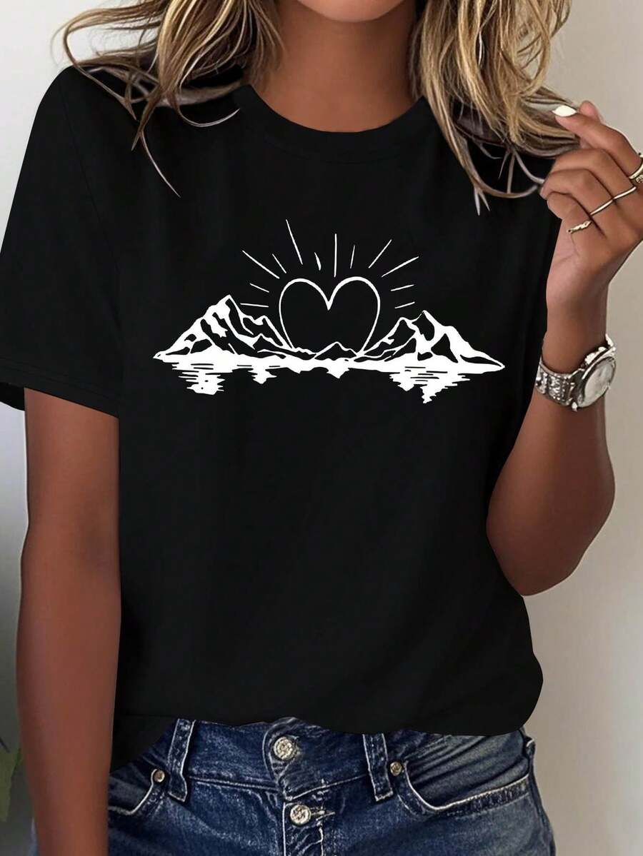 A Healing Natural Affection, A Comforting Sun, Romance Amidst Mountains And Rivers. Mountain And River Patterns Outlined In Lines. Women's Casual Fashion T-Shirt, Crew Neck, Oversized, For Spring-Summer. - Black - View 1