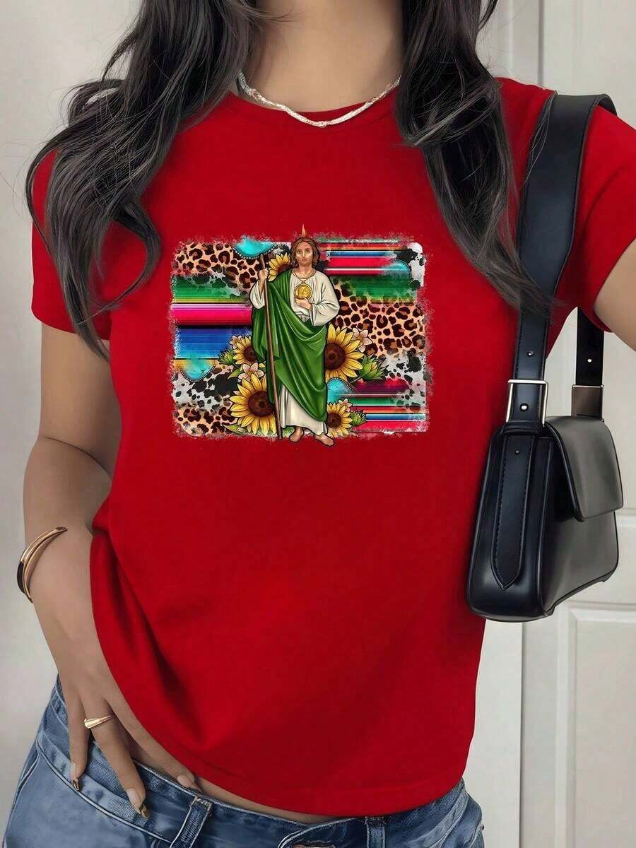 100% Cotton. Figure Of A Saint Holding A Symbol Of Faith On A Mexican Background With Sunflowers And Animal Print That Inspires Hope And Energy. Women's T-Shirt. 100% Cotton. Women's Simple Solid Color T-Shirt, Loose And Slim Fit Casual Short Sleeve - 紅色的 - 查看 1