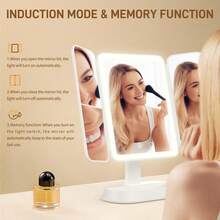 Back To School Portable LED Light Makeup Mirror, VanityMirror With Lights, 3-Fold Foldable Rechargeable Mirror With 2x 3x & 10x Magnification, Touch Control Mirror For Travel& Bedroom Use, Rechargeable Trifold Mirror - White - View 4