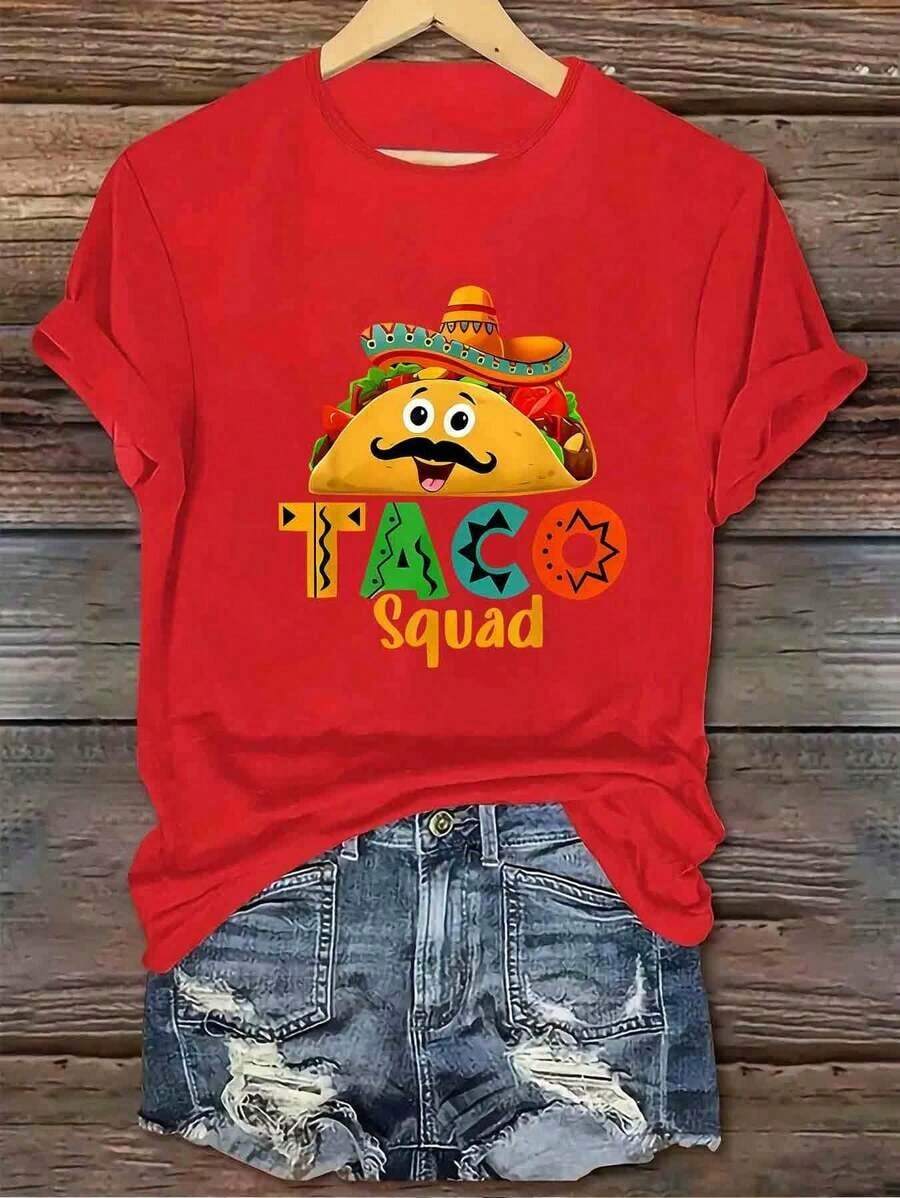Simple And Versatile Design. Lightweight Graphic Tee, One-Piece Set With A Mexican Burrito Print. Fashionable, Casual, Loose Fit, Machine Washable, Suitable For Outdoor Sports And Everyday Wear. Casual Short-Sleeve Crew Neck Tee, A Popular Choice. Cotton Tee. - 紅色 - 查看 1