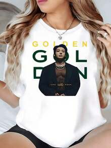 100% Cotton. Artistic Figure With Gold And Green Lettering Evoking Luxury And Strength Combined With An Elegant Minimalist Portrait. Women's 100% Cotton 220g T-Shirt. Women's Simple Solid Color T-Shirt, Loose And Slim Fit Casual Short Sleeve - 紅色的 - 查看 8