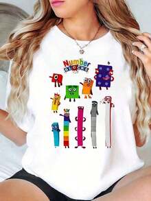 100% Cotton Women's T-Shirt With Black And White Number Block Print - Short Sleeve, Casual Style, Comfortable Stretch Fit, Round Neck, Machine Washable Design, Suitable For All Seasons, Medium Stretch Fabric, Women's Simple Solid Color T-Shirt, Loose And Slim Fit Casual Short Sleeve - 白色的 - 查看 1