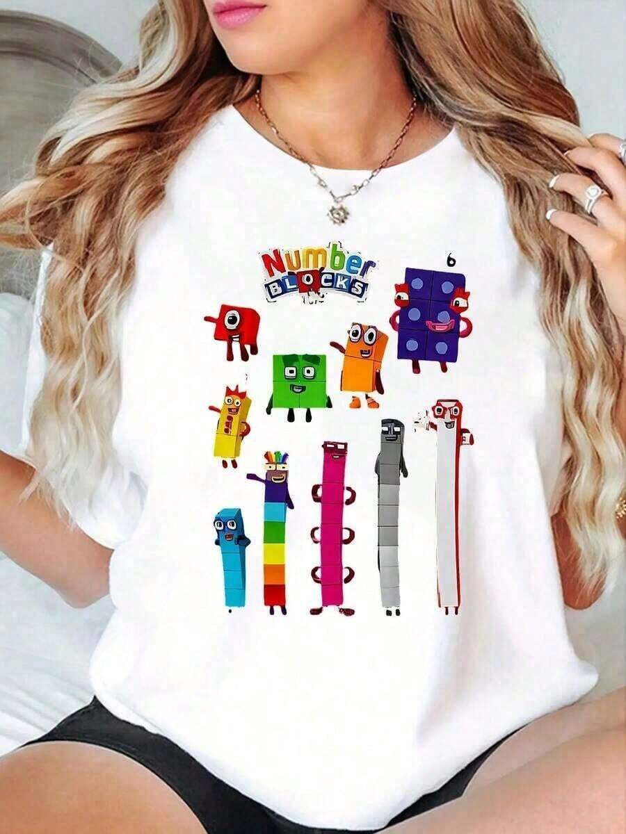 100% Cotton Women's T-Shirt With Black And White Number Block Print - Short Sleeve, Casual Style, Comfortable Stretch Fit, Round Neck, Machine Washable Design, Suitable For All Seasons, Medium Stretch Fabric, Women's Simple Solid Color T-Shirt, Loose And Slim Fit Casual Short Sleeve - 白色的 - 查看 1