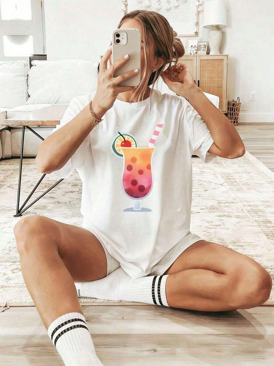 Premium100% Cotton Wo's Y2K Loose-Fitting T-Shirt And Matching Shorts/Socks Set, Suitable For Summer Vacation Wear-Soft,, Loose-Fitting Round-Neck Short-Sleeve Top With Tropical Cocktail Print-Casual Beachwear For Home, Hawaiian Luau Party AttireGift Idea - 白色 - 查看 1