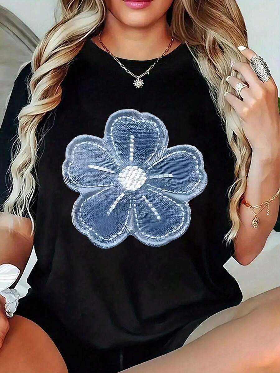 1 Women's Denim Style T-Shirt With Blue Floral Print, Casual Short Sleeve Round Neck Top With Five Petal Design, Breathable For All Seasons, Similar Look To Jeans To Layer Or Wear Alone (Gift Idea For Birthdays And Parties) 100% Cotton - 彩色 - 查看 1