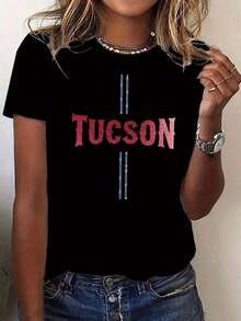 One Classic And Versatile Piece, A Pure Cotton Short-Sleeved T-Shirt With A Vertical Blue And White Print, Model TUCSON Red For Women, Ideal For Wearing In All Seasons. Modern Style. - 黑色 - 查看 1