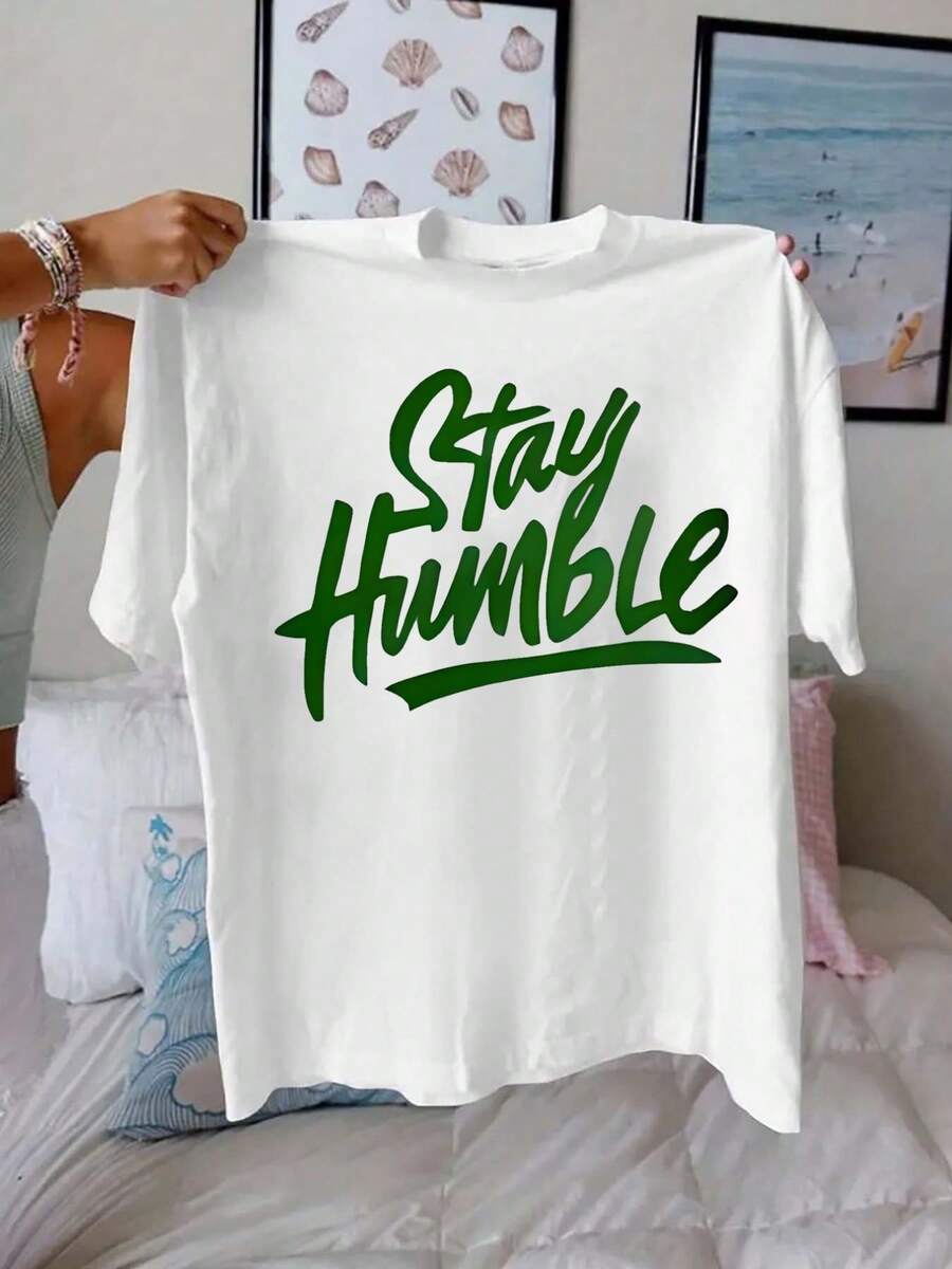 Tay Humble, Printed With The Message 'Keep Humble', Casual Short Sleeve T-Shirt For Women, Comfortable Fit, Ideal For Matching With Sisters, Essential For Outdoor Travel, Women's T-Shirt, Spring/Summer T-Shirt. - 白色 - 查看 1