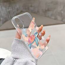 1 pieza Funda de teléfono transparente de TPU con patrón lindo de tortuga marina y concha, a prueba de golpes y huellas dactilares, compatible con iPhone - Multicolor - Ver 3