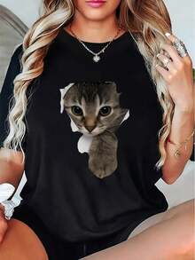 playeras de mujer algodon Camiseta Linda Con Cara De Gato Atigrado Para Mujer: Camiseta Informal Ligera Y Transpirable De Manga Corta Con Cuello Redondo Con Estampado De Gato Atigrado, Café O Salidas, Diseño Juguetón, Tejido Elástico Medio, Para Descansar En Casa, S >ropa - Negro - Ver 6