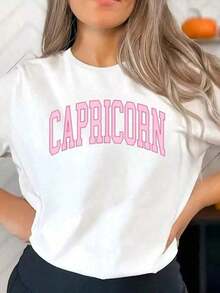 1 Piece Women's White Short Sleeve Crew Neck T-Shirt, Retro Preppy Style, Simple Capricorn Zodiac Horoscope Print, Pink, Ideal For Daily Wear And Holidays, Fashion Graphic T-Shirts, 180g, 100% Cotton. - 白色 - 查看 7