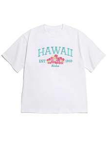 2026 Spring/Summer New Women's Drop-Shoulder "Hawaiian + Hibiscus + 'Aloha' Text" Island Theme Short-Sleeve T-Shirt, Fresh Vacation Style, Comfortable And Skin-Friendly, Ideal For Island Culture Enthusiasts' Daily Casual Wear-High QualityFor Summer - 白色 - 查看 7