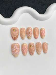 10 piezas de uñas postizas cortas ovaladas estilo Y2K, semimanufacturadas, con gel 3D amarillo, diseño francés, flores 3D, perlas doradas, strass y estrella de mar dorada, uñas de verano, uñas acrílicas falsas de ajuste completo, suministros de uñas adecuados para uso diario, trabajo y fiestas de mujeres, uñas postizas hechas a mano - Multicolor - Ver 2