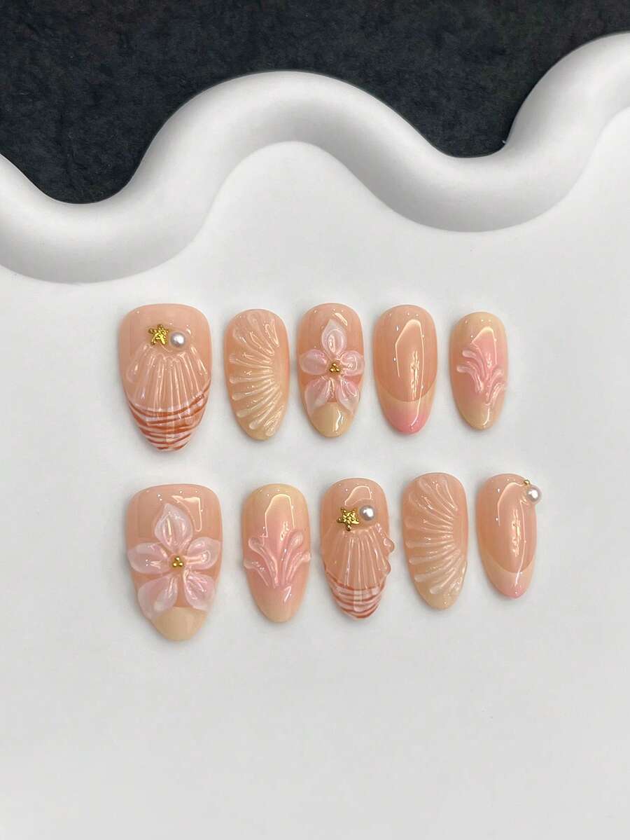 10 piezas de uñas postizas cortas ovaladas estilo Y2K, semimanufacturadas, con gel 3D amarillo, diseño francés, flores 3D, perlas doradas, strass y estrella de mar dorada, uñas de verano, uñas acrílicas falsas de ajuste completo, suministros de uñas adecuados para uso diario, trabajo y fiestas de mujeres, uñas postizas hechas a mano