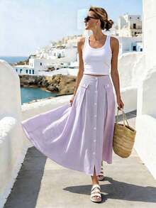 Women's Casual A-Line Skirt With Striped Front Buttons - 紫色 - 查看 3