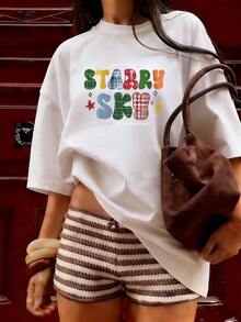 Starry Sky T-Shirt With Checkered Lettering,  Short-Sleeved T-Shirt For Spring/Summer 2026, Made In Mexico, 180 Grams. Cartoon Print, Couple Design, Suitable For Indoor Or Outdoor Wear. Crew Neck, Unisex, Ideal For The Office And Leisure. One-Pack. - WH-P631577SLNDXZGY584 - 查看 4