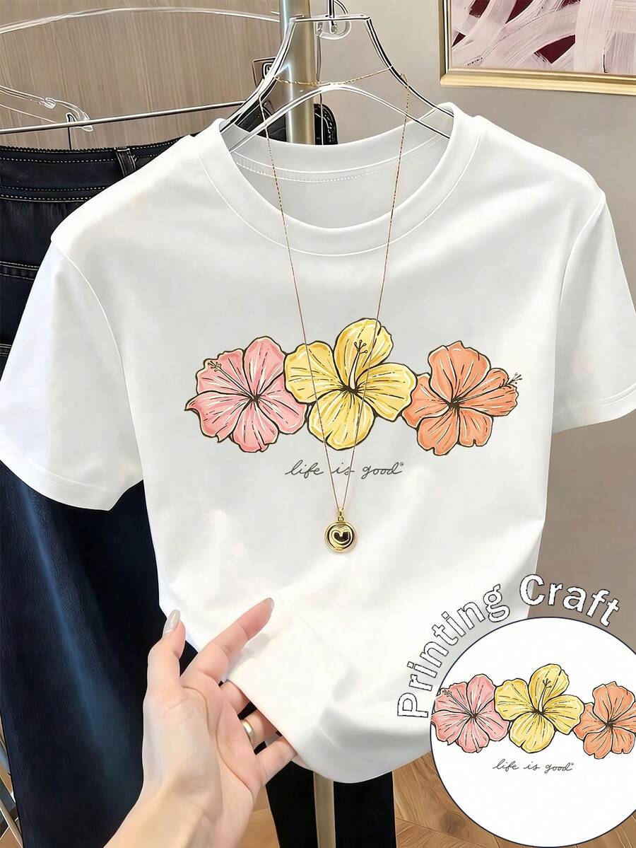 Women's Floral Print Short Sleeve T-Shirt, Spring Clothes, Holiday Outfit, Apricot Summer Color, Beach Look, Vacation Style, Country Style, Women's Office Outfit. - 白色 - 查看 1