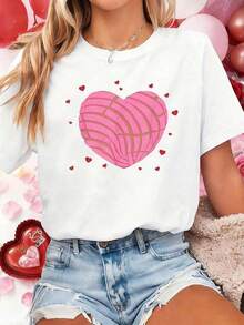 Women's Camisole With Heart Print - Short Sleeve Round Neck Blouse, Elegant And Special, Casual Stretch Top For Spring And Summer, For Casual Outfits And Valentine's Day Gifts, Machine Washable. Suitable As A Gift. Women's T-Shirt. Blouses>Elegant. Boho Chic. Soft, Breathable, And Comfortable Women's Top, Ideal For Spring, Summer, And Autumn, Perfect For Vacations, Travel, And Everyday Wear. - 白色的 - 查看 6