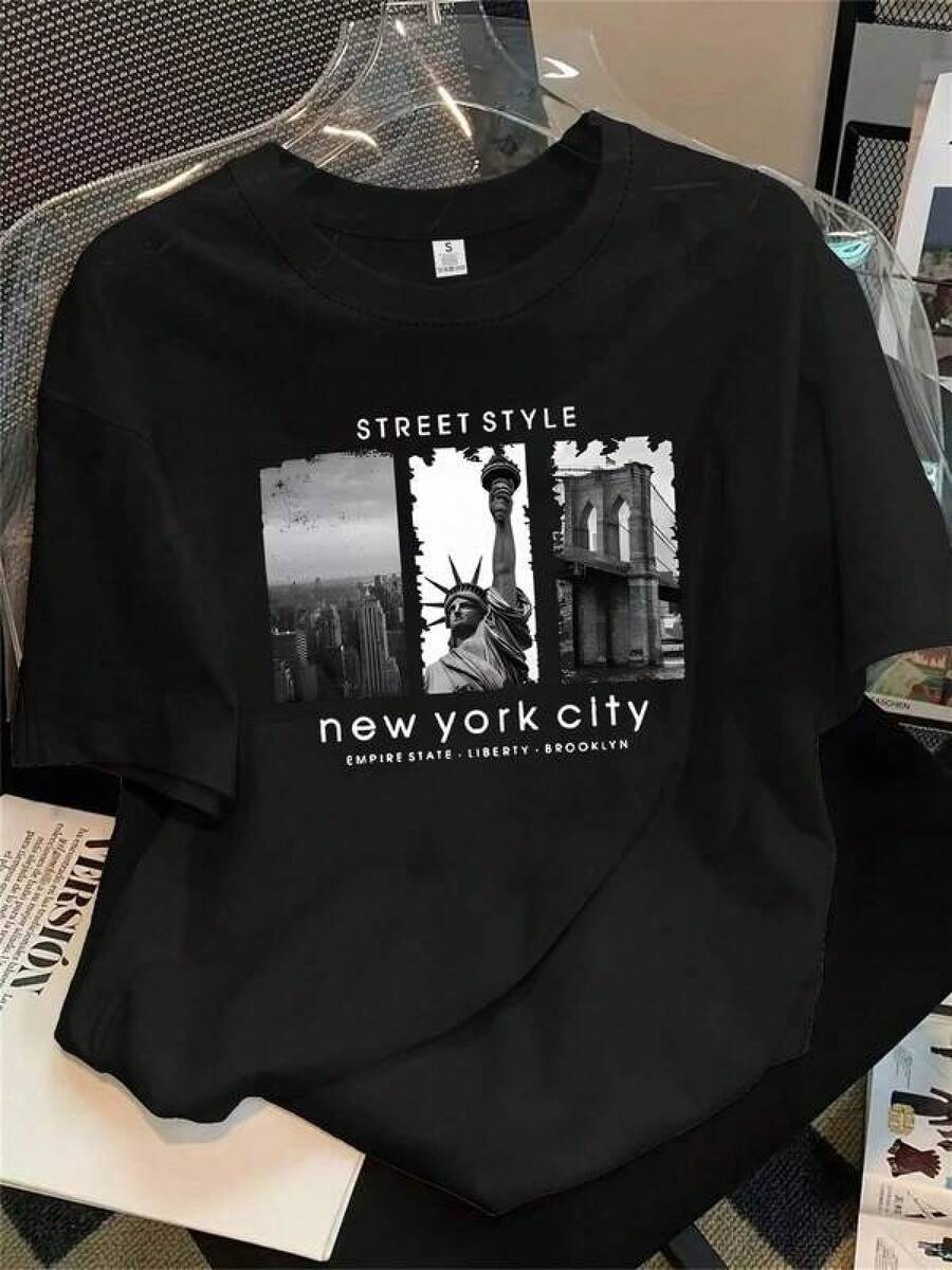 Camiseta única estilo streetwear con diseño de Nueva York e íconos como la Estatua de la Libertad y el Empire State destaca en la  y2k atrévete a lucirla y ser el centro de atención en cualquier lugar perfecta para los amantes de la moda urbana y el estilo contemporáneo Cómoda y versátil para escuela, trabajo, salidas y eventos casuales - Negro - Ver 1