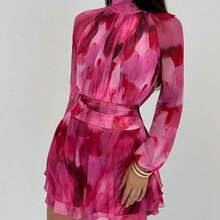 Vestido de manga larga ajustado con silueta de paraguas para mujer, nuevo para otoño/invierno, para uso casual/citas/salidas/maestras, vestido romántico con estampado de teñido anudado en púrpura y cuello alto con lazo en la cintura - Amarillo - Ver 6