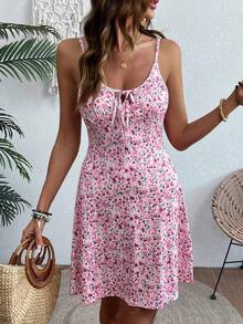 Vestido corto casual sin mangas con estampado floral pequeño para vacaciones y playa - Multicolor - Ver 6