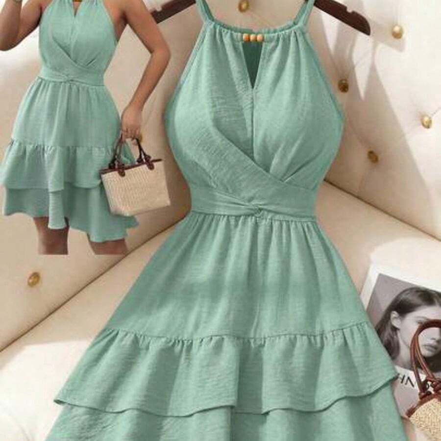 Vestido mini ajustado y acampanado sin mangas con lazo elegante y cuentas para mujer, color caqui, primavera/verano - Verde - Ver 1