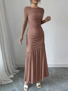Vestido largo de manga larga con cuello redondo y malla para mujer, vestido casual de otoño.Adecuado para ropa de otoño, atuendo de regreso a clases, atuendo de maestro - Rosa vieja - Ver 3