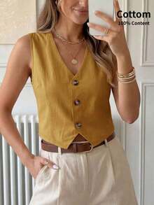 Blusa informal sin mangas de unicolor para oficina en verano, blusas sin mangas - Marrón Mocha - Ver 9