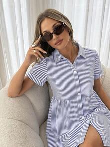 Vestido de manga corta con botones decorativos y textura de moda versátil para mujer - Azul y blanco - Ver 2