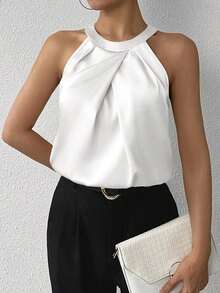 Blusa de crepé champán con cuello fruncido, sin mangas, elegante y sencilla para la oficina, para uso diario y de oficina - Blanco - Ver 5