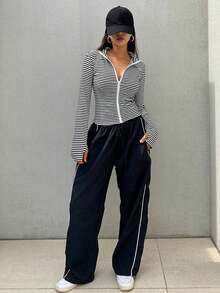 de forro polar de ajuste ceñido con cuello alto de unicolor para mujer, otoño e invierno - Blanco y Negro - Ver 4