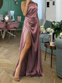 Vestido de verano para mujer , color vino tinto, vestido de fiesta con un hombro, fruncido elástico y abertura, adecuado para el Día de San Valentín, citas, reuniones, fiestas, viajes, vacaciones, playa y otras ocasiones - Rosa vieja - Ver 2