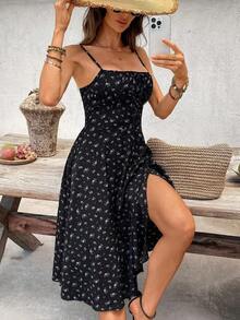 Vestido largo de mujer de corte recto con estampado floral, sin espalda, con abertura, favorecedora figura, elegante para fiesta/cita - Multicolor 3 - Ver 6