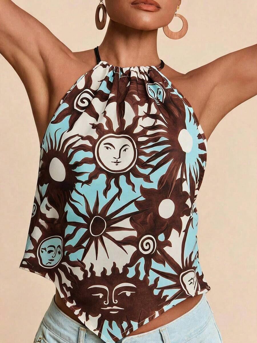 Top de tirantes tejido con estampado de vacaciones para mujer - Multicolor - Ver 1