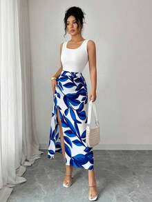 Vestido elegante y ajustado para mujer con estampado total y abertura hasta el muslo - Multicolor - Ver 8