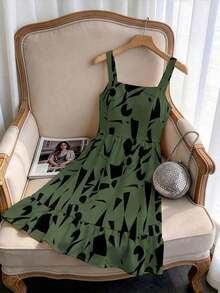 Vestido de talla grande con estampado, lazo en la cintura y decoración para mujeres de vacaciones - Verde militar - Ver 8