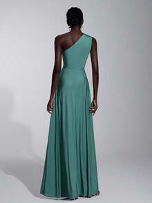 Vestido holgado de dama de honor de línea A con un hombro, de tela elástica tejida de color verde romántico y elegante - Verde - Ver 6