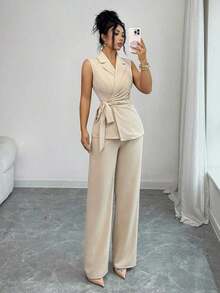 Conjunto elegante y romántico de blazer y corbata de moño para vacaciones y oficina para mujeres - Albaricoque - Ver 4