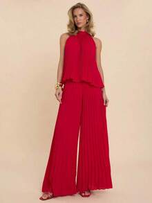 Top sin mangas plisado elegante para mujer, versátil para citas, ir al trabajo, y todas las estaciones - Rojo - Ver 2