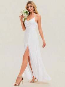 Elegante vestido de noche de unicolor y sexy, vestido de dama de honor con abertura alta y tirantes finos en azul marino, vestido formal para invitados de boda en primavera - Blanco - Ver 4