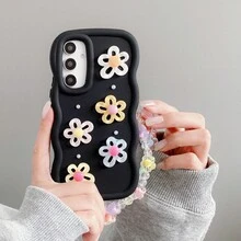1 chiếc vòng tay đính hạt 5 bông hoa trong suốt + ngọc trai + hoa nhiều màu sắc, ốp lưng điện thoại họa tiết sóng, chống sốc, phù hợp với dòng điện thoại Android [Phiên bản quốc tế, không phải phiên bản nội địa] S26Ultra/S25/S24/S23S22/S21, Honor X5/X6/X7/X8/X9, A3X/A5/A6, - màu đen - Xem 1