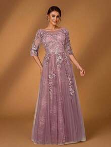 Vestido elegante y romántico con cuello redondo, mangas 3/4, contraste de encaje y malla, bajo en línea A, bordado lujoso, adecuado para fiesta de noche, cita, baile, fiesta de solteros, festival de música, boda, vestido de madre de la novia, primav - Rosa vieja - Ver 4