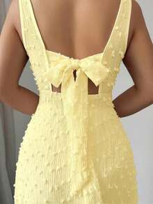 Nuevo vestido de punto texturizado sin mangas con cuello cuadrado, diseño de lazo en la espalda abierta, elegante vestido ajustado para fiesta - amarillo ganso - Ver 4