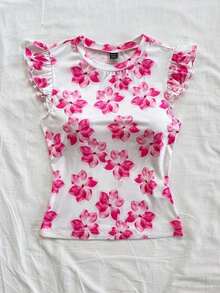 2 piezas Conjunto con Camiseta de Punto Blanco Acanalado con Volantes WYWH y Camiseta Sólida de Color Cereza, Estilo Bohemio, Boho, Floral Romántico, Vacaciones, Estilo Floral para Fiesta, Cita, Día de San Valentín, Pascua, Carnaval, Té de la Tarde - Rosa 2 - Ver 3