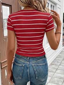 LUNE Conjunto deportivo de tiempo libre para atletismo, ciclismo, running, baloncesto - Camiseta casual cómoda de cuello redondo, ajustada, a rayas blancas y negras con recogido en la cintura, para mujer - Rojo - Ver 6