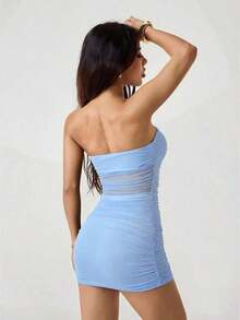 Vestido mini tubo negro sexy ajustado con pliegues y malla de unicolor para mujer - Celeste - Ver 2